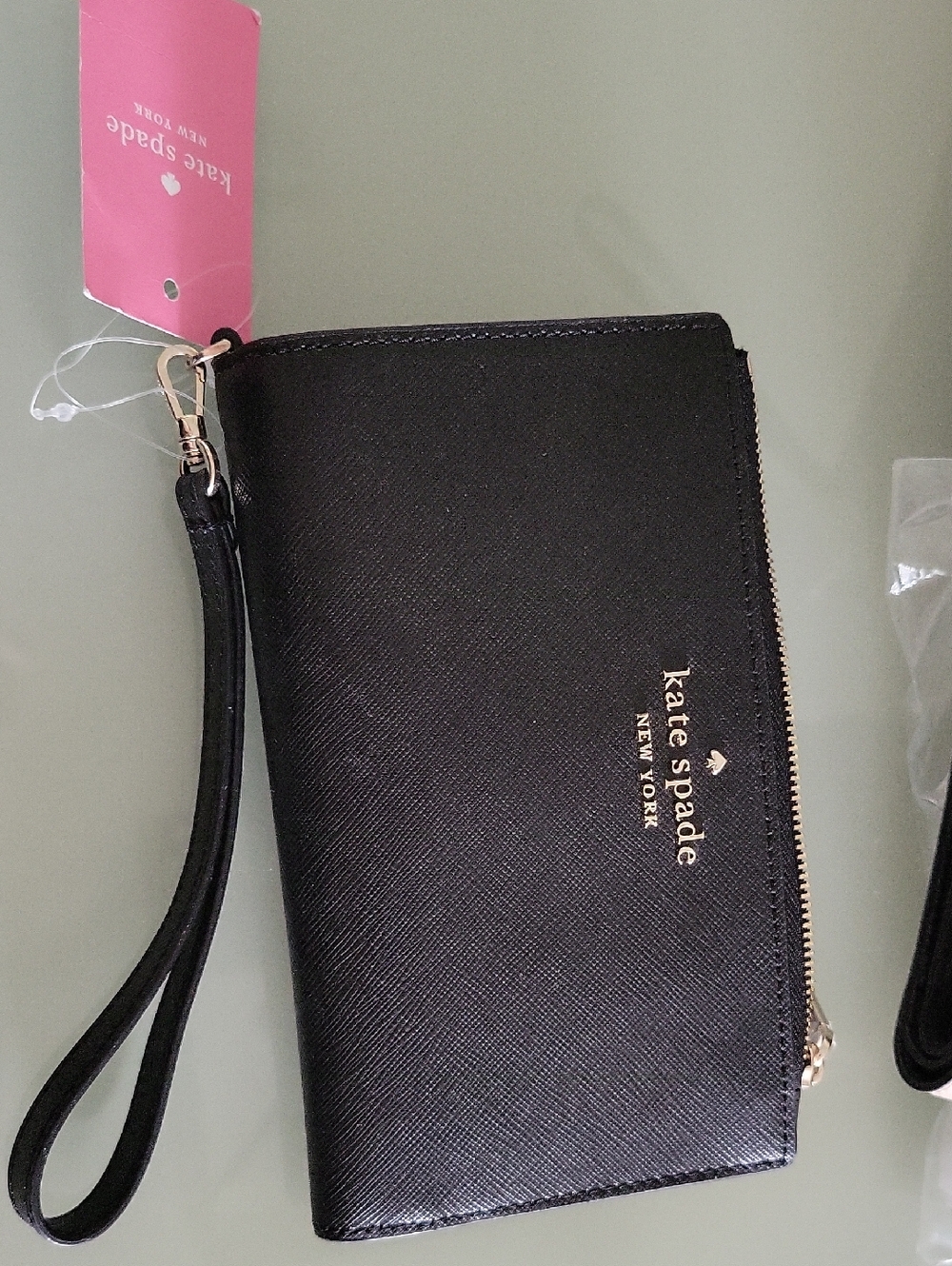 kate spade Staci Black Leather Phone Wallet Wristlet with Gold Logo